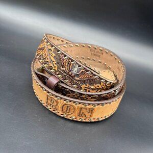 Vintage Leather Belt Eagle Leaf Western Personalized Ron Size 44 Handmade Retro